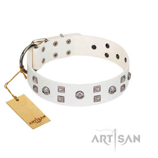 "Rock the Sky" Durable FDT Artisan White Leather dog Collar with Chrome-plated Decorations