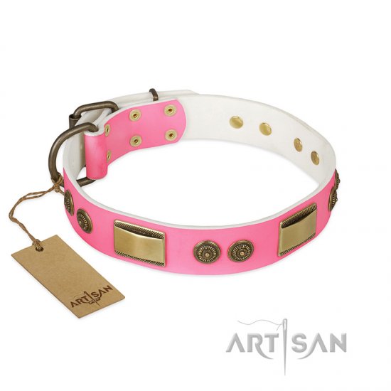 "Sunrise Glow" FDT Artisan Pink Leather dog Collar with Old Bronze Look Plates and Round Studs