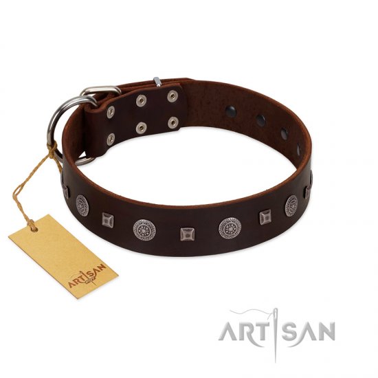 "Pure Sensation" Exclusive FDT Artisan Brown Leather dog Collar with Fancy Brooches and Studs