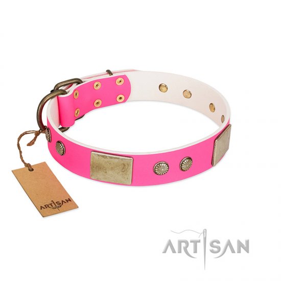 "Flower Parade" FDT Artisan Pink Leather dog Collar with Plates and Studs