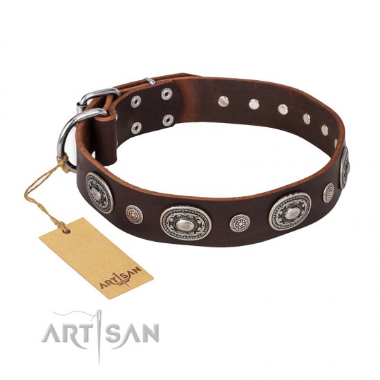 "Extra Pizzazz" FDT Artisan Adorned Brown Leather dog Collar