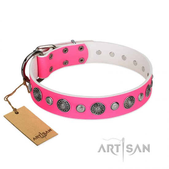 "Glamorous Shine" FDT Artisan Stylish Leather dog Collar with Old Silver-like Plated Decorations