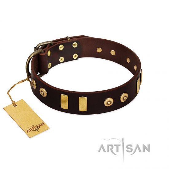 "Lord of Dogs" FDT Artisan Brown Leather dog Collar with Old Bronze-like Dotted Studs and Tiles - Click Image to Close