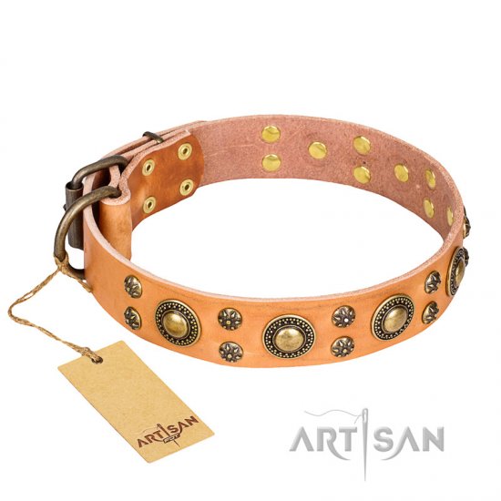 "Sophisticated Glamor" FDT Artisan Leather dog Collar with Fancy Old Bronze-like Plated Decorations