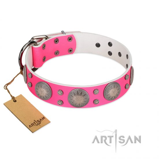 "Silver Star" Fantastic FDT Artisan Pink Leather dog Collar with Engraved Studs