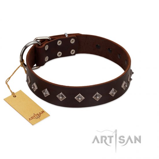 "Boundless Energy" Premium Quality FDT Artisan Brown Designer Leather dog Collar with Small Pyramids
