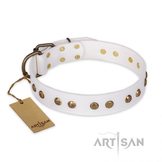 "Midnight Sun" FDT Artisan White Leather dog Collar with Decorations