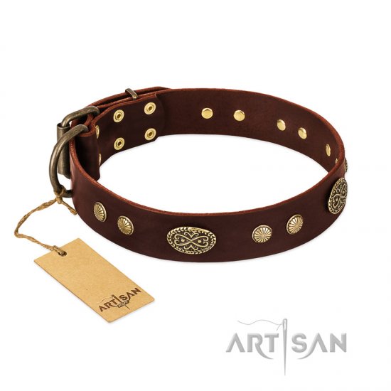 "Old-fashioned Glamor" FDT Artisan Brown Leather dog Collar with Old Bronze Look Plates and Circles