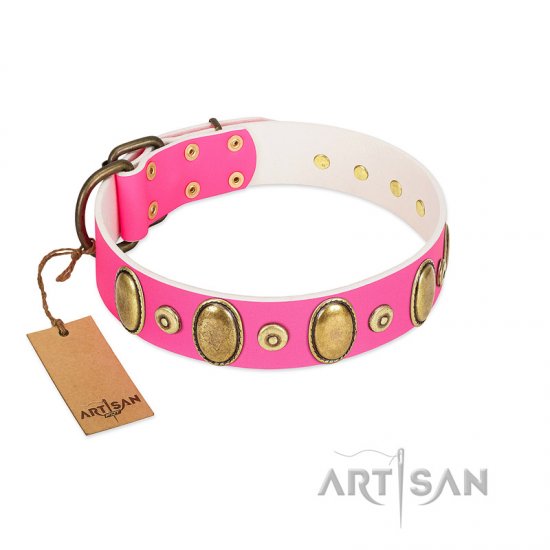 "Drawing Power" FDT Artisan Pink Leather dog Collar with Engraved Ovals and Dotted Studs