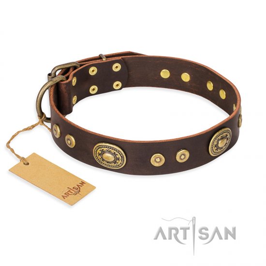 "One-of-a-Kind" FDT Artisan Handmade Decorated Brown Leather dog Collar