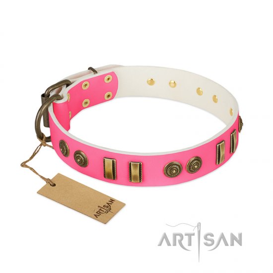 "Pink Amulet" FDT Artisan Leather dog Collar with Old Bronze-like Plates and Circles