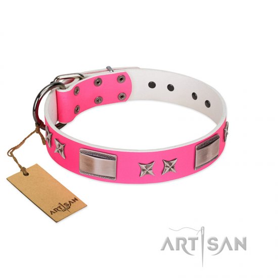 "Pinky Fantasy" Pink FDT Artisan Leather dog Collar with Chrome-plated Stars and Large Plates