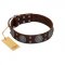 "Hypnotic Stones" FDT Artisan Brown Leather dog Collar with Chrome Plated Brooches and Square Studs