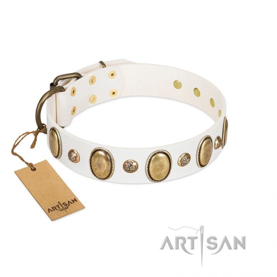 "Milky Lagoon" FDT Artisan White Leather dog Collar with Vintage Looking Oval and Round Adornments