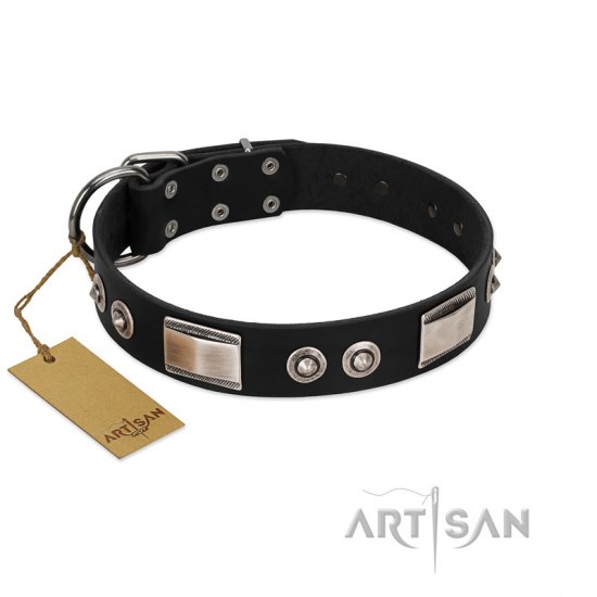 "Grand Wear" FDT Artisan Black Leather dog Collar with Shining Plates and Spiked Studs