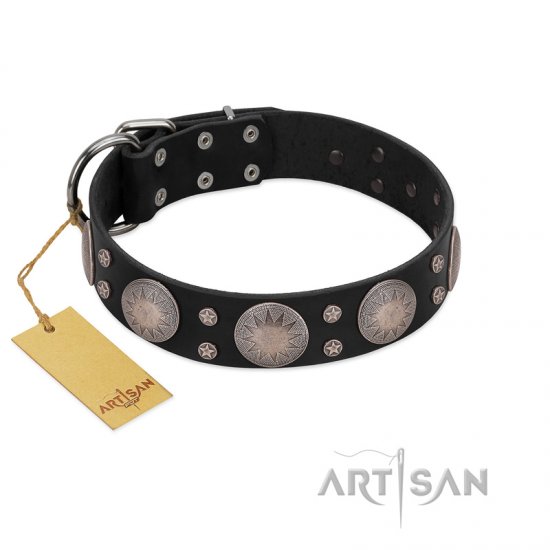 "Starry Sky" Trendy FDT Artisan Black Leather dog Collar with Large Brooches