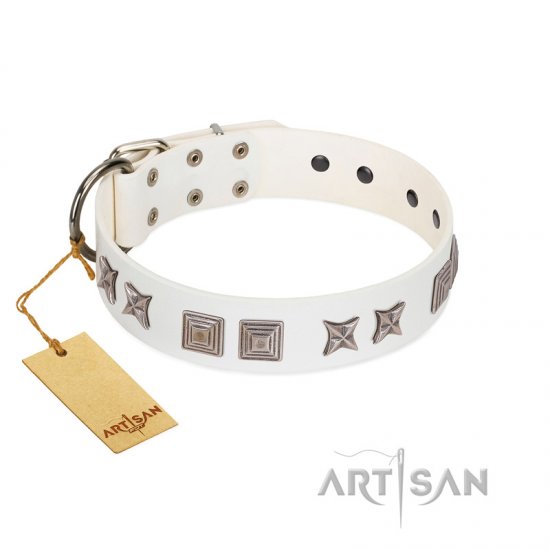 "Mister Perfection" Designer Handmade FDT Artisan White Leather dog Collar