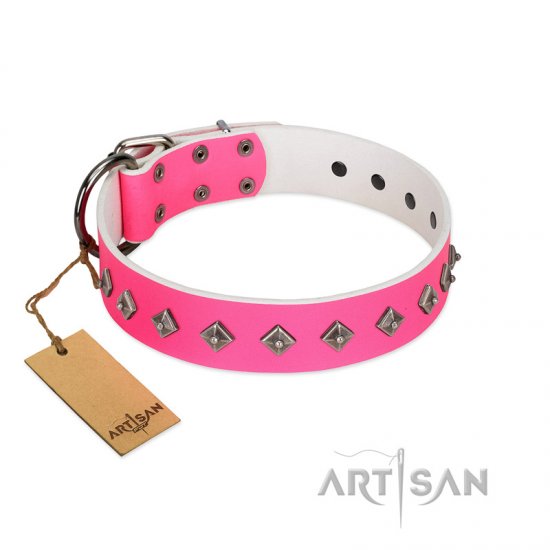 "From Paris with Love" Handmade FDT Artisan Pink Leather dog Collar with Dotted Pyramids