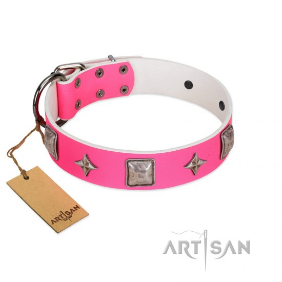 "Star World" Gorgeous FDT Artisan Pink Leather dog Collar with Silver-Like Adornments