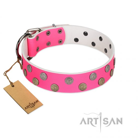 "Lucky Pink" Designer FDT Artisan Pink Leather dog Collar with Medallions