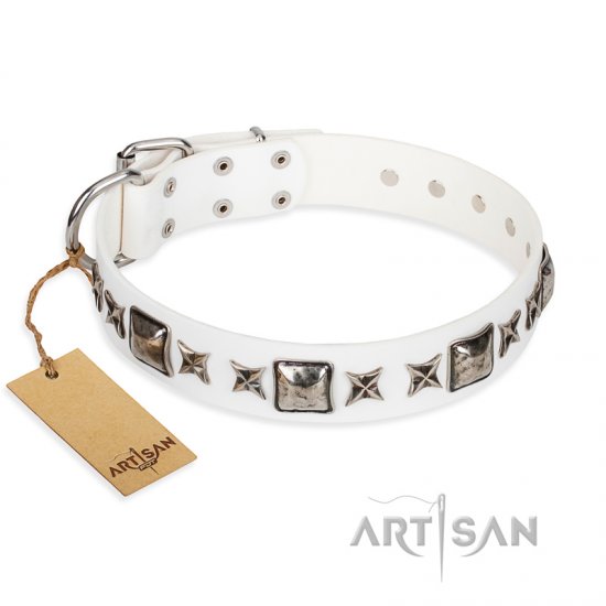 "Intergalactic Travelling" FDT Artisan Handcrafted White Leather dog Collar