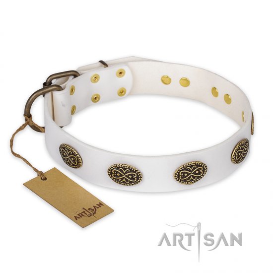 "Lovely Lace" FDT Artisan White Leather dog Collar with Old Bronze Look Ovals