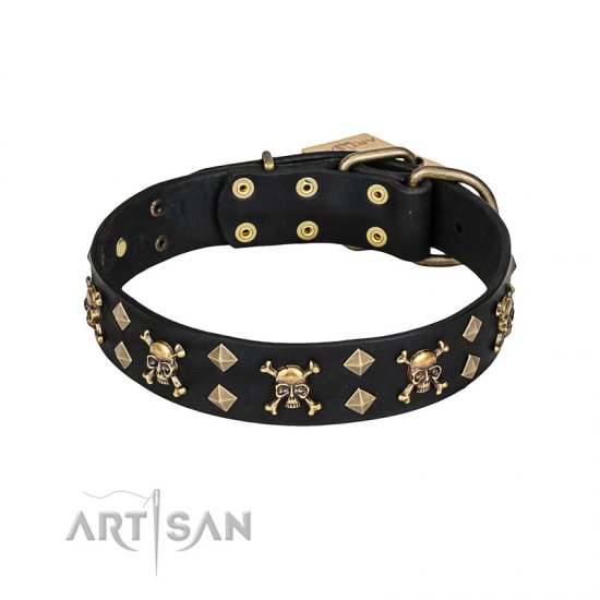 "Jolly Rojer" FDT Artisan Leather dog Collar with Pirate Skulls and Studs - 1 1/2 inch (40 mm) wide