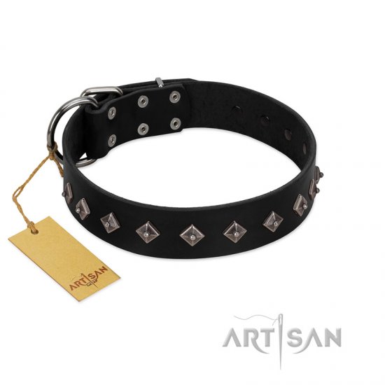 "Immense Power" Handcrafted FDT Artisan Black Leather dog Collar with Small Dotted Pyramids