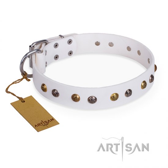"Snowflake" FDT Artisan White Leather dog Collar with Decorations