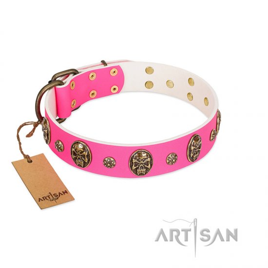 "Fashion Show" FDT Artisan Pink Leather dog Collar with Old Bronze-like Skulls and Studs