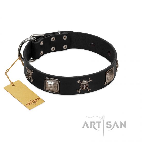 "Sea Rover" Embellished FDT Artisan Black Leather dog Collar with Chrome Plated Crossbones and Plates