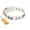 "Seventh Heavens" FDT Artisan White Leather dog Collar with Chrome-plated Stars and Engraved Brooches