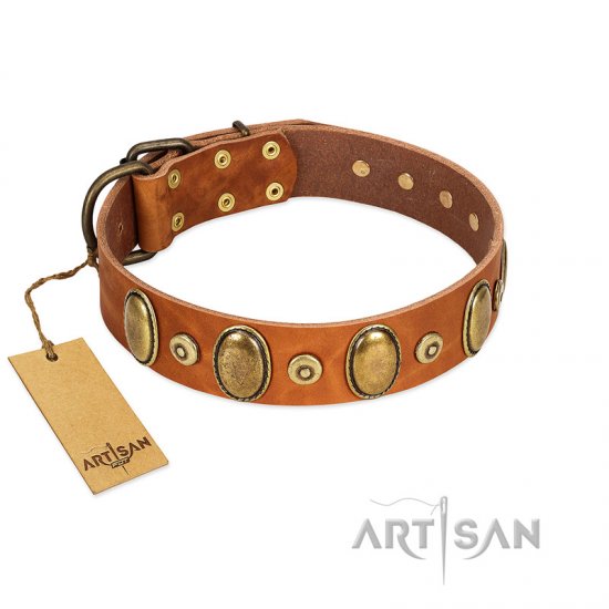 "Crystal Sand" FDT Artisan Tan Leather dog Collar with Vintage Looking Oval and Round Studs