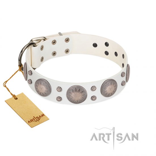 "Mystic Sunset" Designer FDT Artisan White Leather dog Collar with Studs