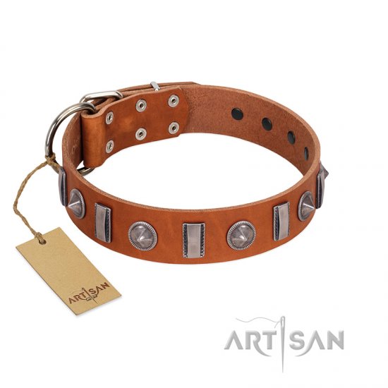 "Luxurious Necklace" FDT Artisan Tan Leather dog Collar with Silver-Like Adornments