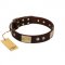 "Middle Age" FDT Artisan Brown Leather dog Collar with Old Bronze-Plated Engraved Flowers and Large Plates