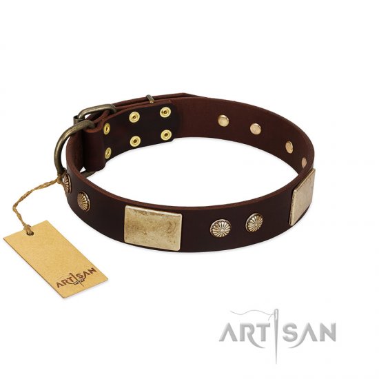 "Middle Age" FDT Artisan Brown Leather dog Collar with Old Bronze-Plated Engraved Flowers and Large Plates