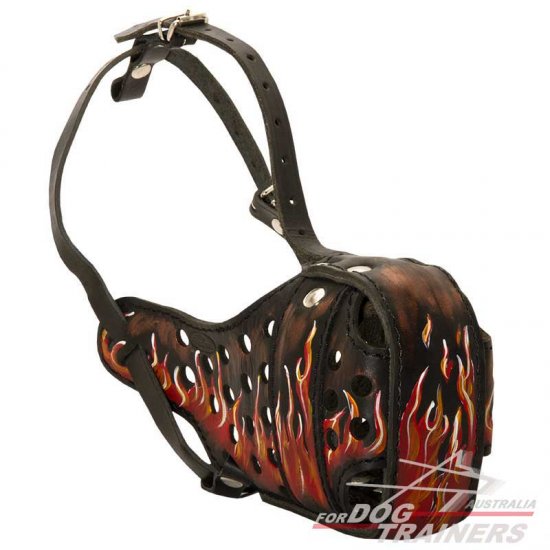 Exclusive "Fire" Painted Leather Dog Muzzle for Attack/Agitation Training