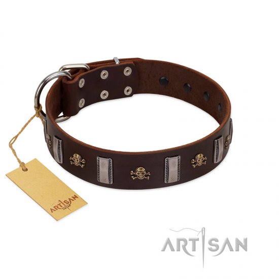 "War Chief" FDT Artisan Genuine Brown Leather dog Collar with Skulls and Plates