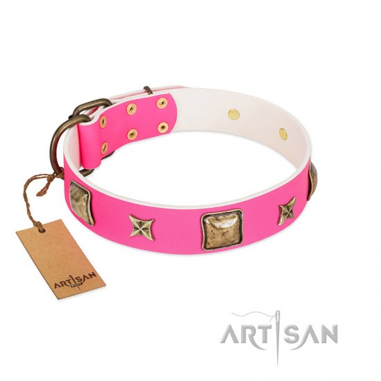 "Charm and Magic" FDT Artisan Pink Leather dog Collar with Luxurious Decorations