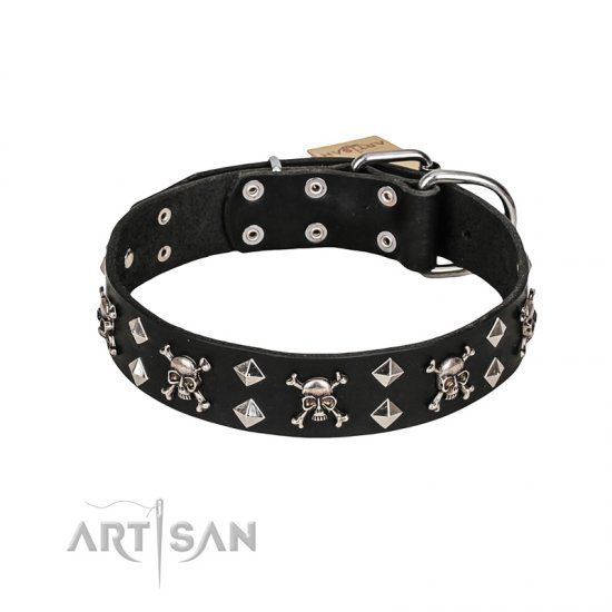 FDT Artisan "Rock 'n' Roll Style" Leather Dog Collar with Skulls, Bones and Studs 1 1/2 inch (40 mm) wide