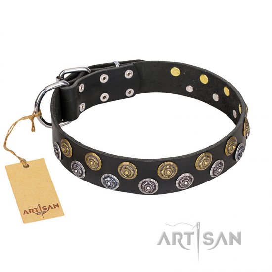 "Romantic Breeze" FDT Artisan Black Leather dog Collar with Sparkling Circles