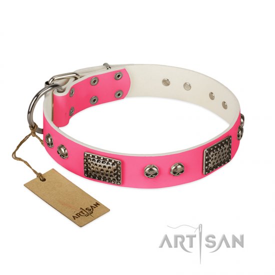 "Fashion Skulls" FDT Artisan Pink Leather dog Collar with Old Silver Look Plates and Skulls