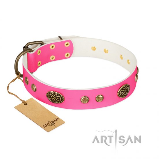 "Twinkle Pink" FDT Artisan Pink Leather dog Collar with Old Bronze Look Plates and Circles