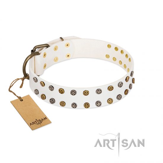 "Crystal Night" FDT Artisan White Leather dog Collar with Two Rows of Small Studs