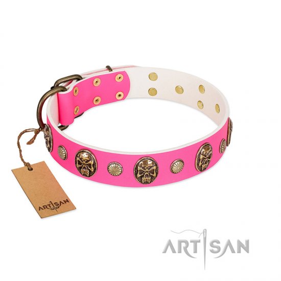"Miss Pinky Fluff" FDT Artisan Pink Leather dog Collar Adorned with Conchos and Medallions