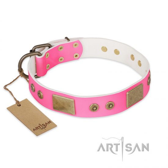 "Pink World" FDT Artisan Pink Leather dog Collar with Old Bronze Look Plates and Studs