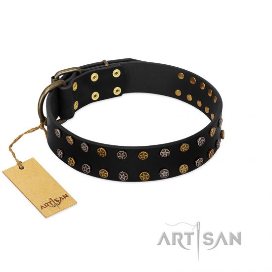 "Star Way" FDT Artisan Black Leather dog Collar with Bronze-like and Silver-like Star Studs