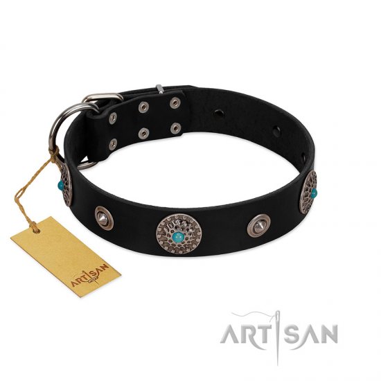 "Blue Gems" FDT Artisan Black Leather dog Collar with Chrome Plated Studs and Conchos