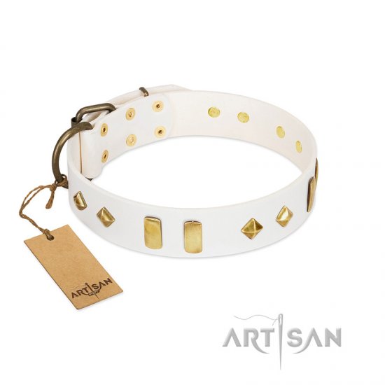 "Hella Cool" FDT Artisan White Leather dog Collar Adorned with Plates and Rhombs